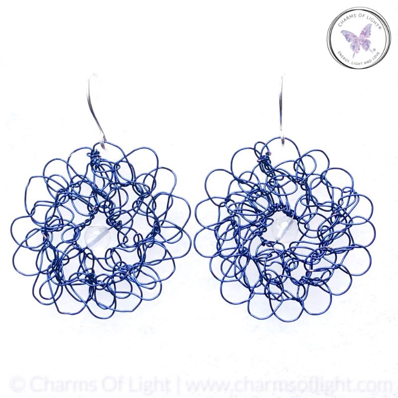 Copper Wire Crochet Medallion Earrings With Clear Quartz (Blue)
